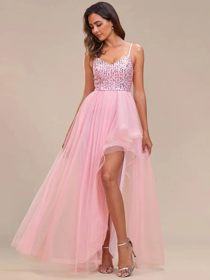 Spaghetti Straps Asymmetric Sequin Tulle Evening Dress