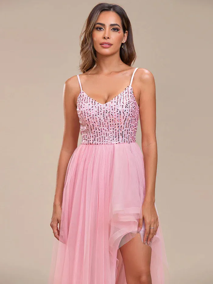 Spaghetti Straps Asymmetric Sequin Tulle Evening Dress