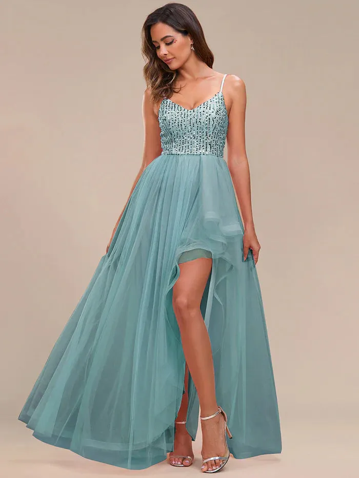 Spaghetti Straps Asymmetric Sequin Tulle Evening Dress