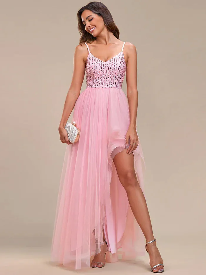 Spaghetti Straps Asymmetric Sequin Tulle Evening Dress