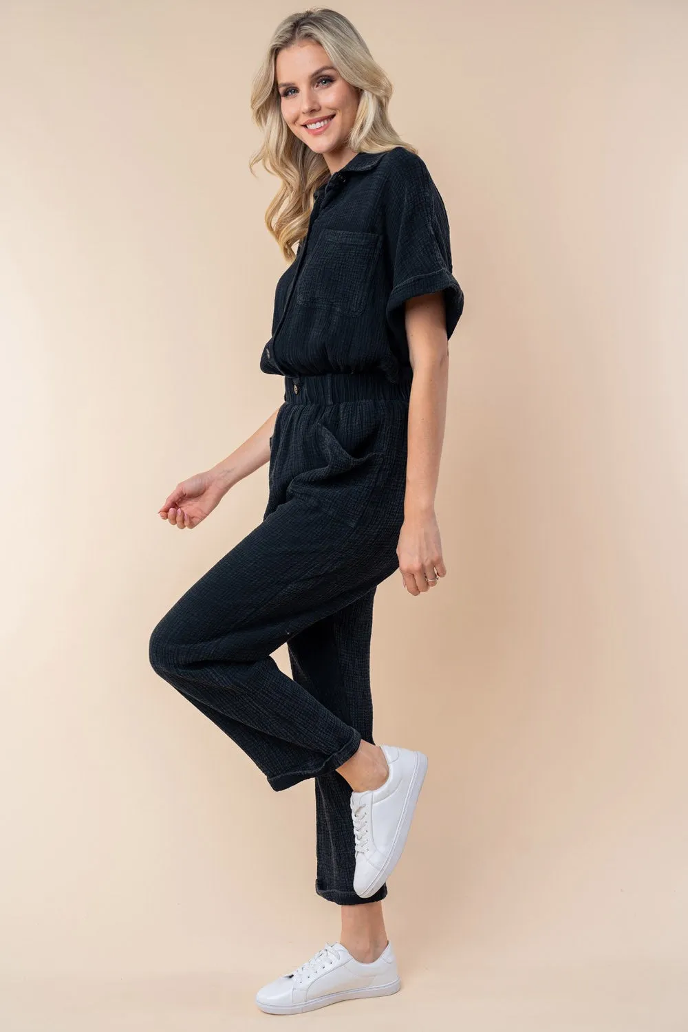 Texture Short Sleeve Jumpsuit - Black