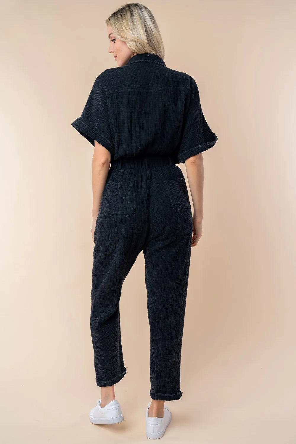 Texture Short Sleeve Jumpsuit - Black