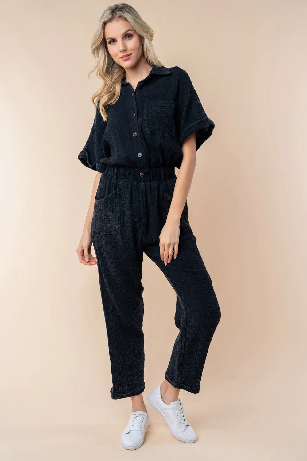 Texture Short Sleeve Jumpsuit - Black