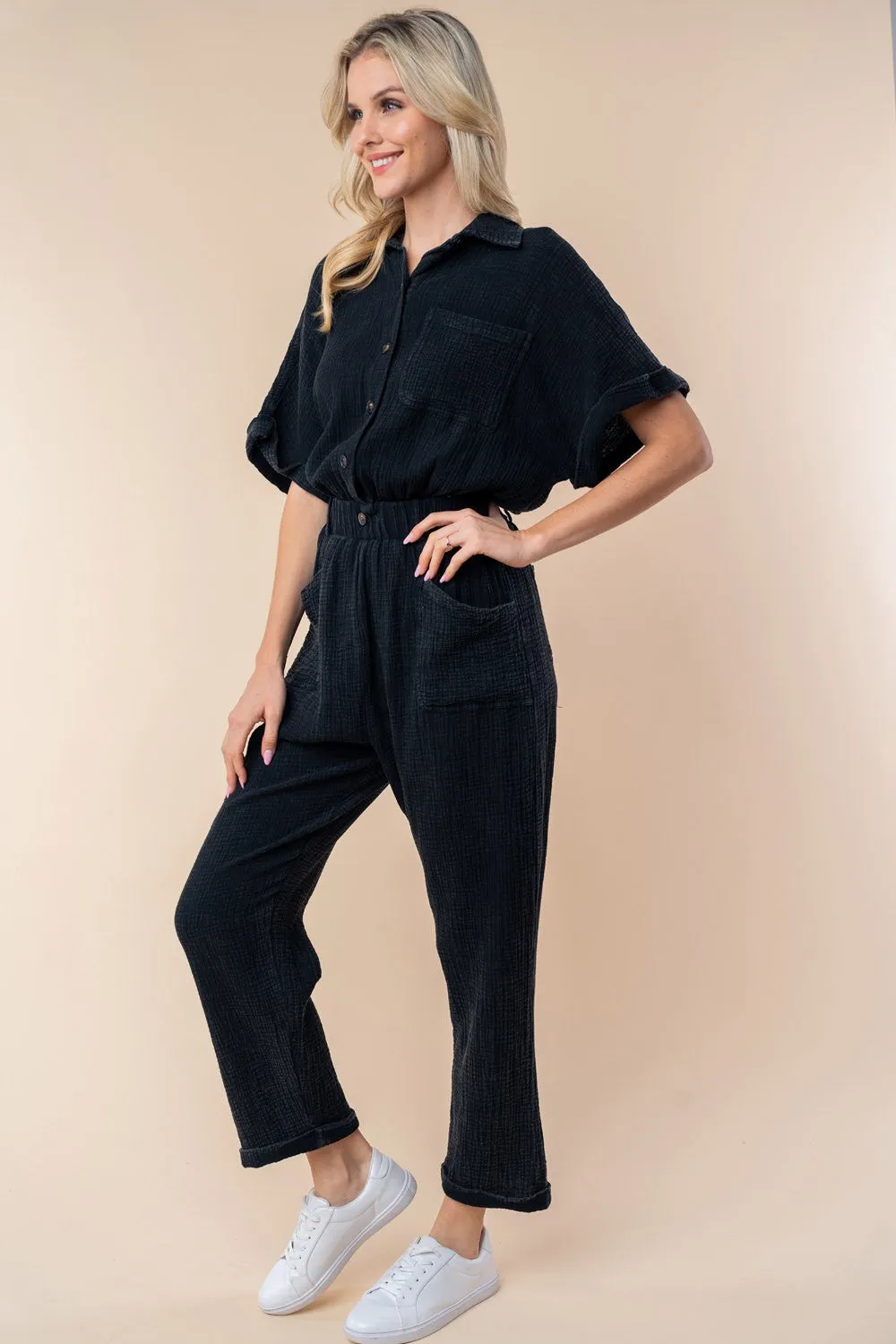 Texture Short Sleeve Jumpsuit - Black