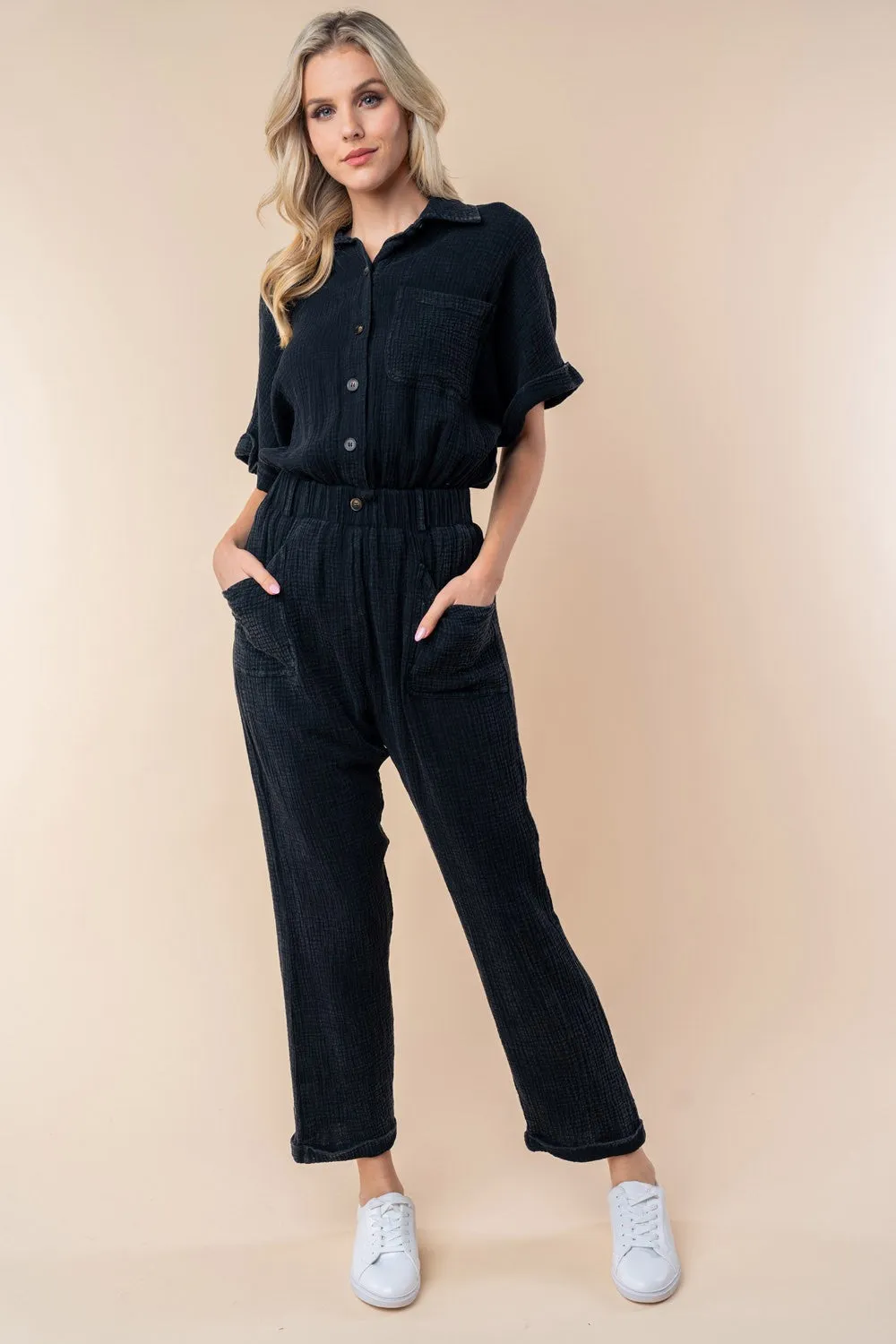 Texture Short Sleeve Jumpsuit - Black