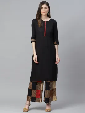 Women Black & Brown Rayon Printed Kurta With Palazzo