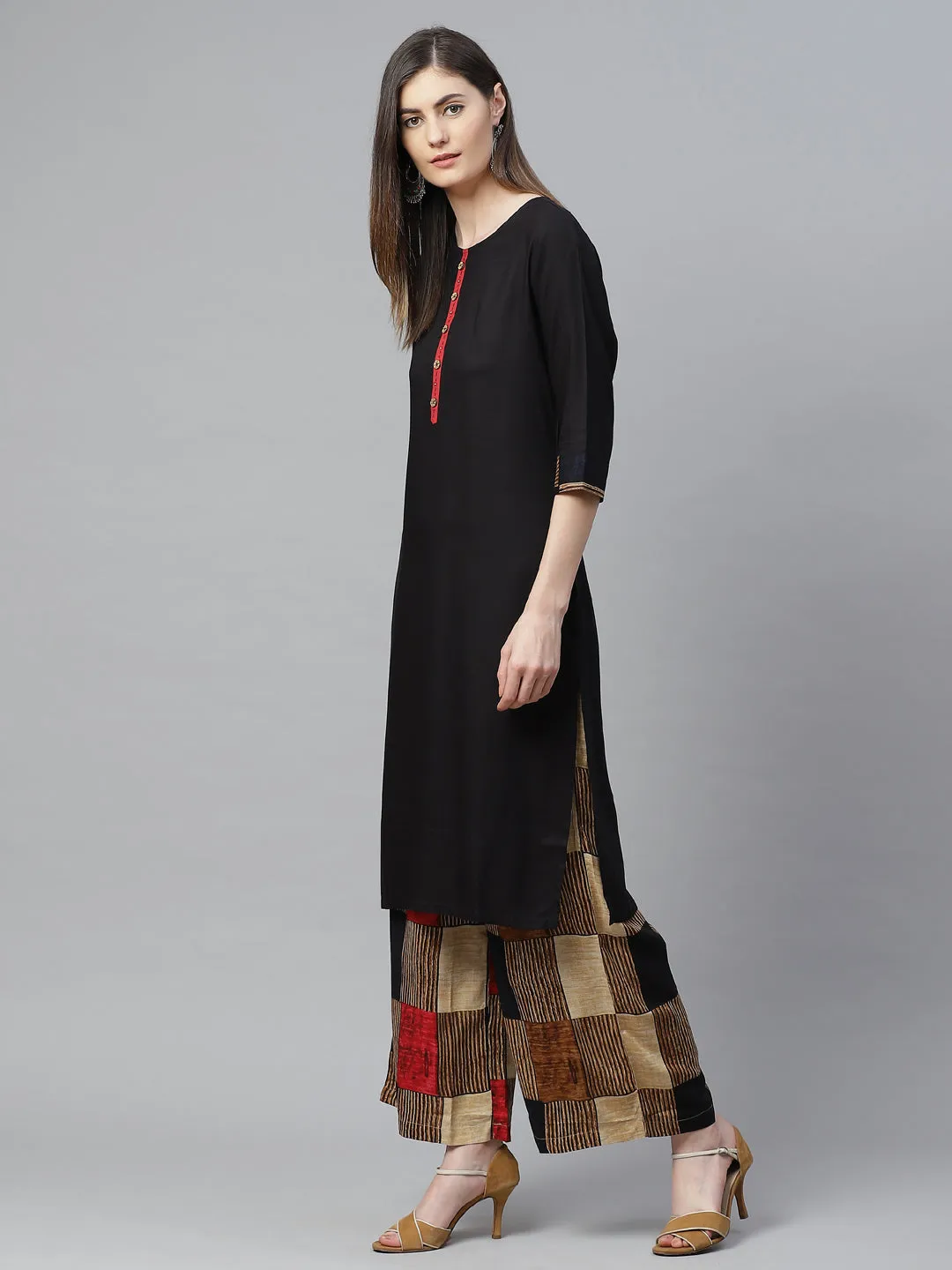 Women Black & Brown Rayon Printed Kurta With Palazzo