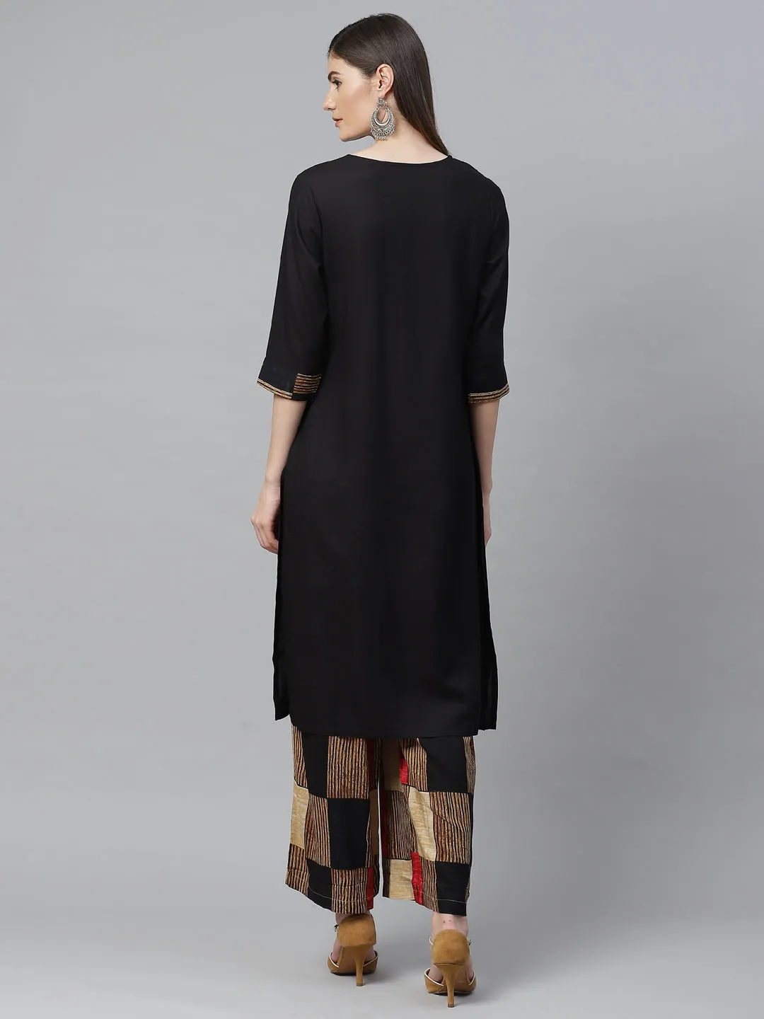 Women Black & Brown Rayon Printed Kurta With Palazzo